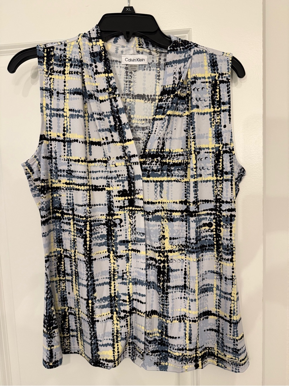 Calvin Klein Sleeveless V-Neck Plaid Print Top in Light Blue